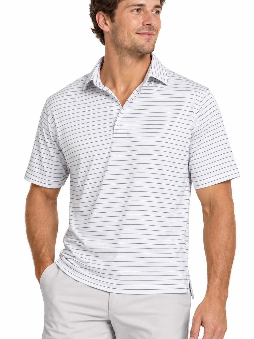 FootJoy FJ Small White Navy Pinstripe Golf Polo Shirt Performance Preppy Sport